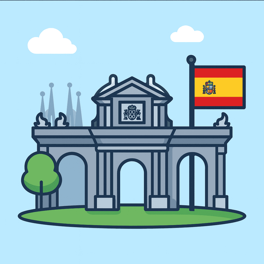 Guía oficial Española de trámites administrativos 2026.: Ilustración de España con iconos oficiales para primeros trámites al llegar a España